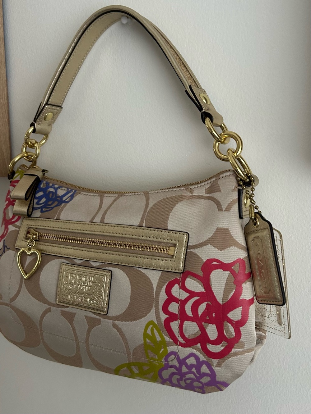 Coach Beige Signature Shoulder Bag with Pink Purple Green Floral Accents - Picture 5 of 16
